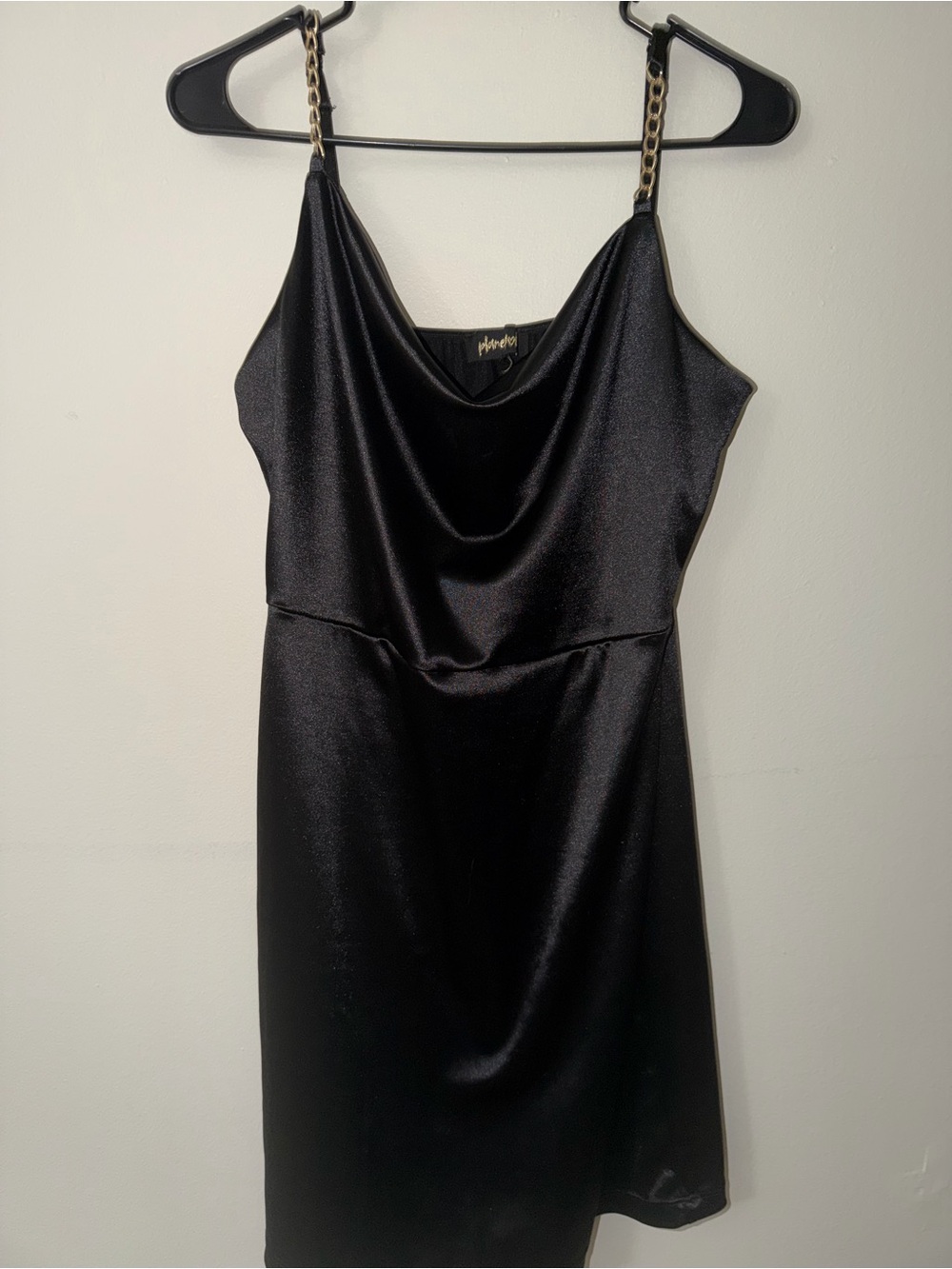 Planet Gold Black Satin Cowl Mini Dress with Chain Straps